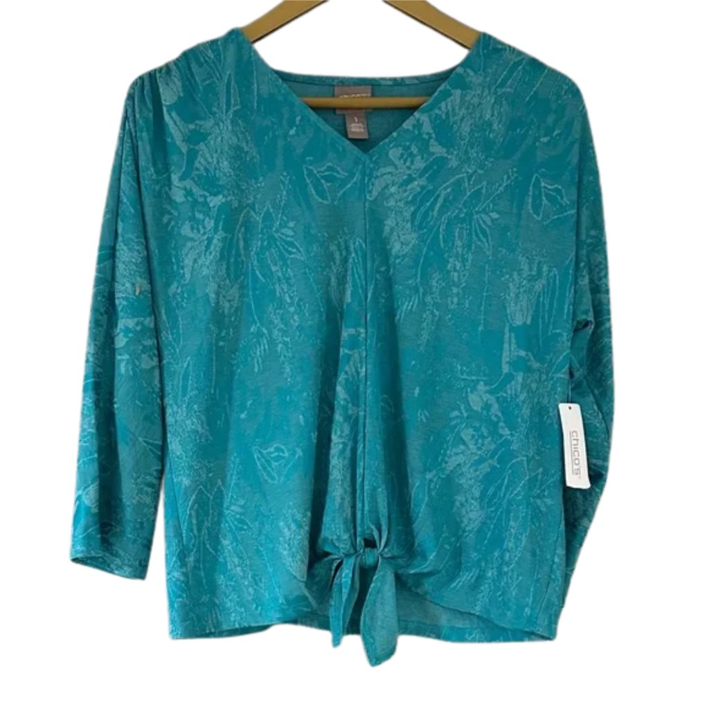 Nwt Chico’s Teal Tie Front Tunic V-Neck 3/4 Sleeve Casual Workwear Top